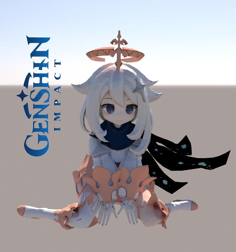 3D model of Paimon from Genshin Impact in chibi style, seated with halo and flowing cape.