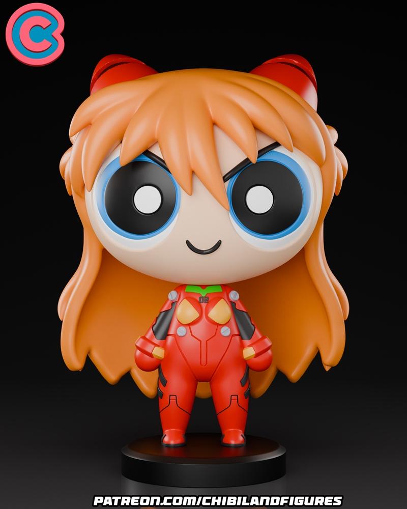 Chibi Asuka from Evangelion in Powerpuff Girls style, wearing a red plugsuit with orange hair and large blue eyes, st...