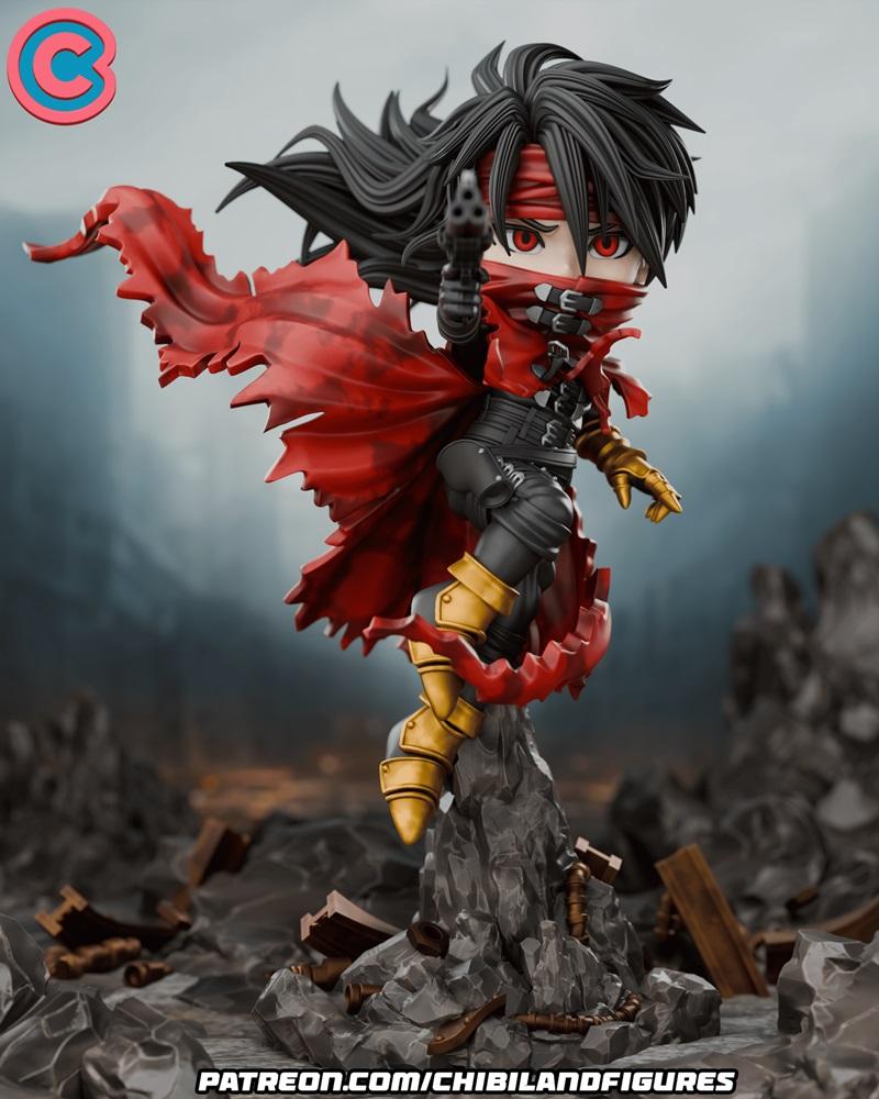 Chibi Vincent Valentine from Final Fantasy VII, posed dynamically with a gun, red cape flowing, wearing a bandana and...