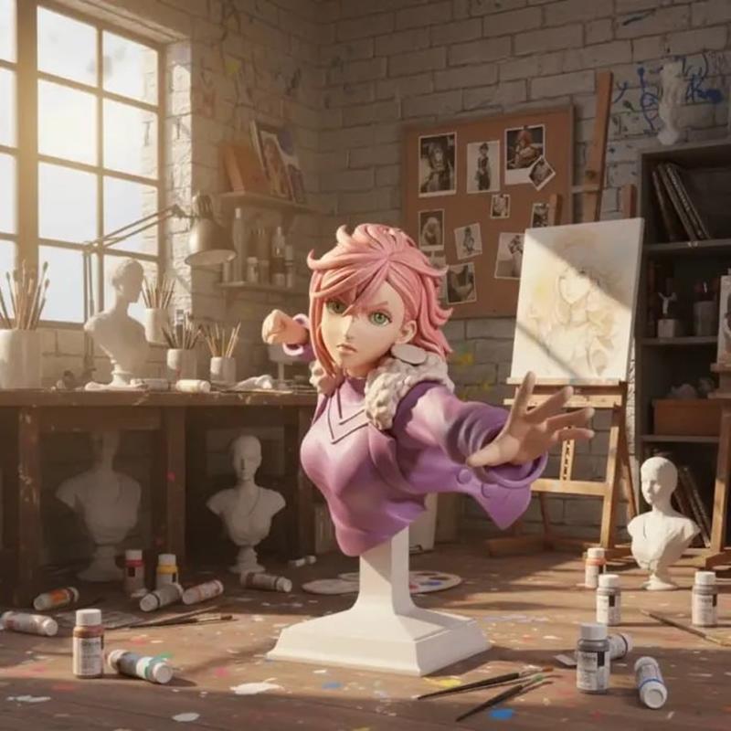 Momo Ayase bust 3D model with pink hair and green eyes, wearing a purple jacket, in a dynamic pose. Set in an art stu...