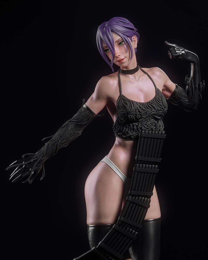 Raze 3D model figure with purple hair, green eyes, wearing a halter top, white underwear, black boots, and clawed glo...
