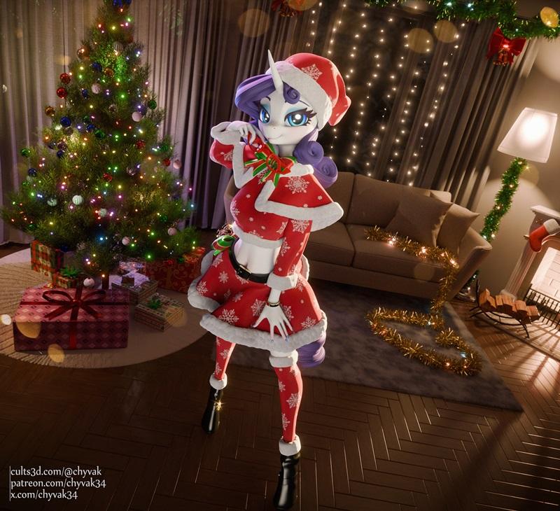Rarity from My Little Pony in a Christmas outfit, wearing a Santa hat and snowflake-patterned attire, holding a gift....