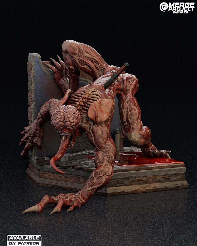 3D model of the Licker from Resident Evil, a grotesque monster with exposed muscles, brain, sharp claws, and a long t...