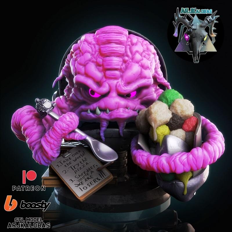 3D model of Krang from Teenage Mutant Ninja Turtles, holding a spoon and a notepad, with a bowl of colorful food. Pin...