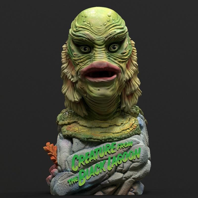 Bust of the Creature from the Black Lagoon, a green-skinned amphibious monster with gills and large lips, on a rocky...