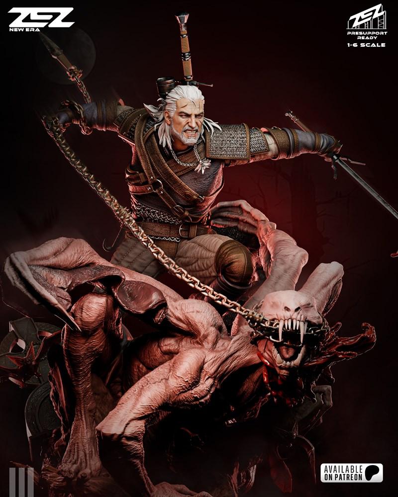 Geralt of Rivia figure in combat atop a monstrous creature, rendered in a realistic fantasy style. Geralt wields a sw...