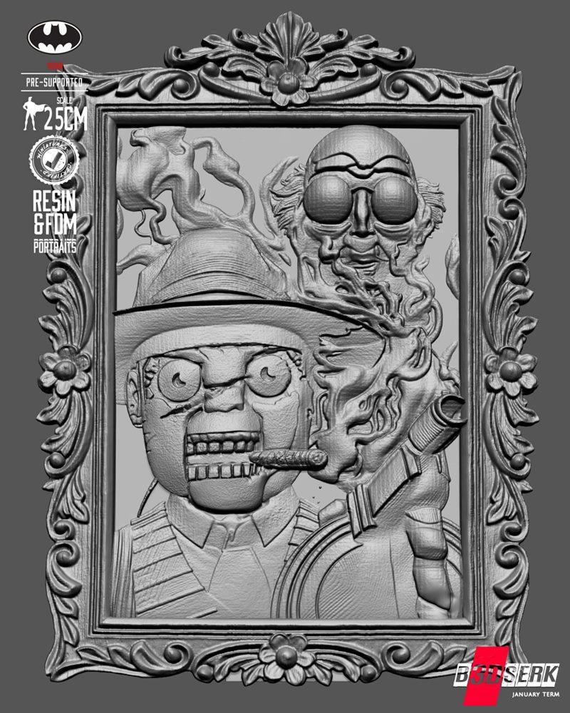 B3dserk 3D model bust of Scarface and Ventriloquist from DC Comics, framed ornately, with Scarface smoking a cigar.