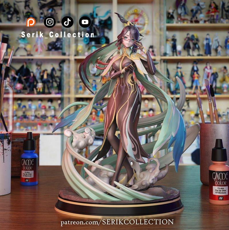 3D print figure of Xianyun from Genshin Impact, wearing glasses and an ornate brown and gold dress with flowing blue...