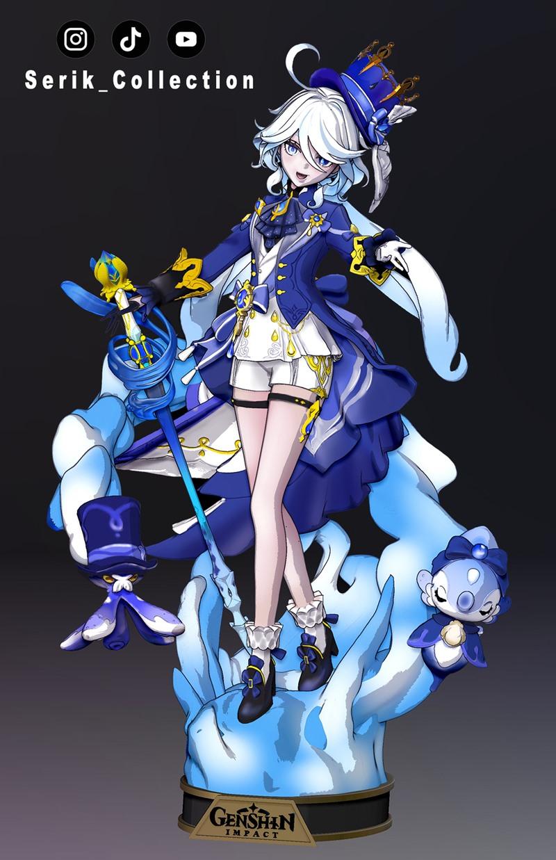 Furina character 3D model from Genshin Impact, wearing a blue formal outfit with a hat and holding a staff, standing...