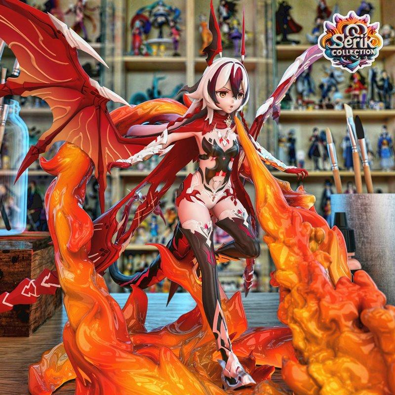 Detailed 3D model of Coralie, a female character with white and red hair, large red wings, and a revealing dark outfi...