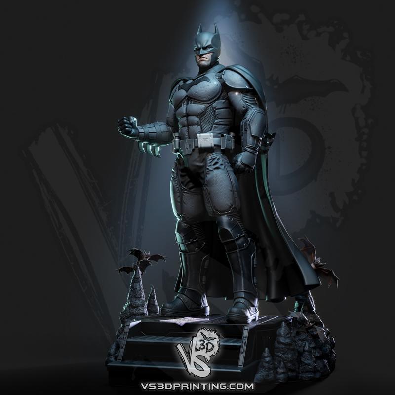 VS3D Batman Arkham Origins 3D model figure, standing heroically on a diorama base with bats and rocky terrain. Detail...