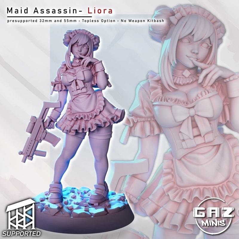 3D model of Liora, a stylized assassin in a maid outfit holding an assault rifle, presented by Gaz Minis.