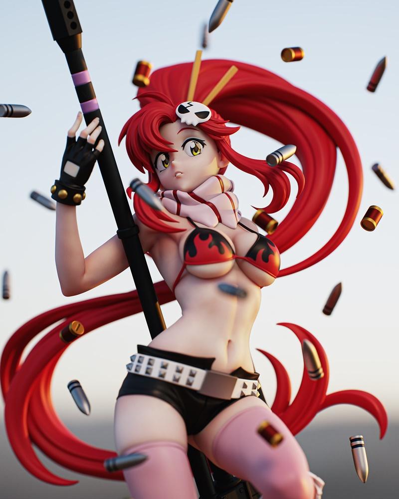Yoko Littner from Gurren Lagann holding a rifle, surrounded by falling bullets. She wears a red bikini, black shorts,...