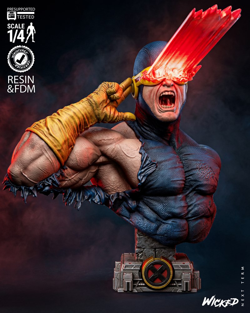 3D printable bust of Cyclops from X-Men, unleashing a red optic blast, 1:4 scale, detailed muscles and costume, on a...