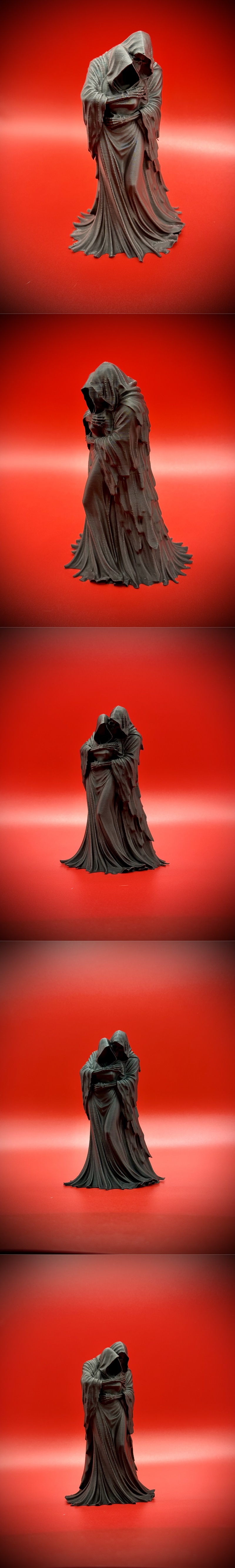 3D printed figure of Grim Reaper embracing Dark Empress, both in flowing hooded robes, against a red background.