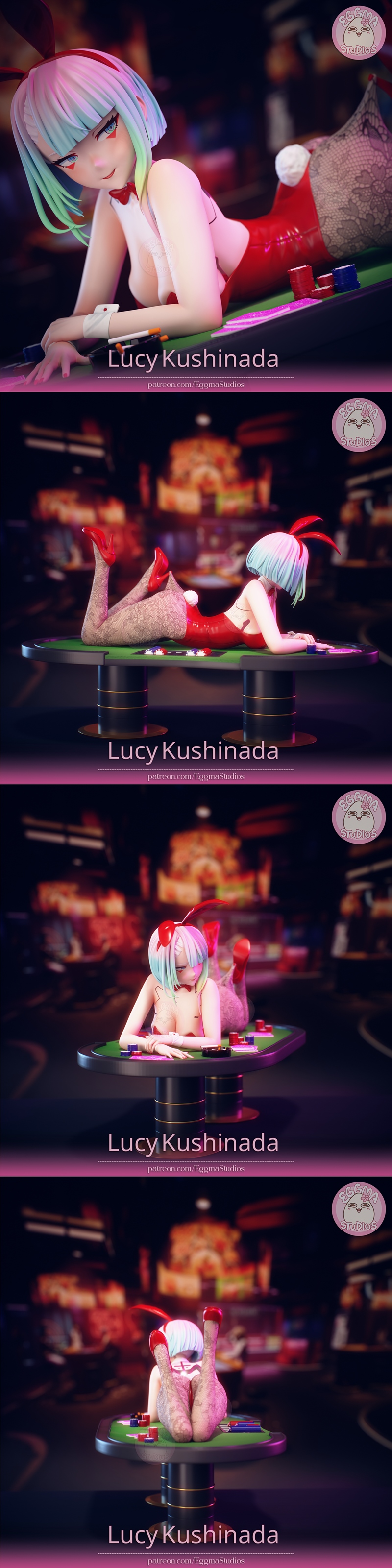 3D model of Lucy from Edgerunners in a bunny girl outfit, posing on a casino table with poker chips and cards.