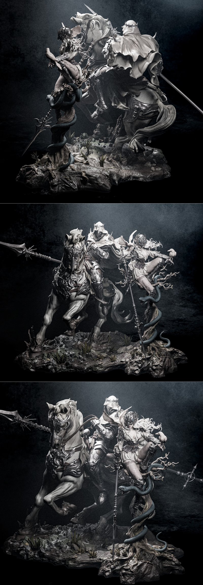 Fantasy diorama featuring a hooded warrior on an ornate horse and a dynamic female figure with a snake and birds, cre...