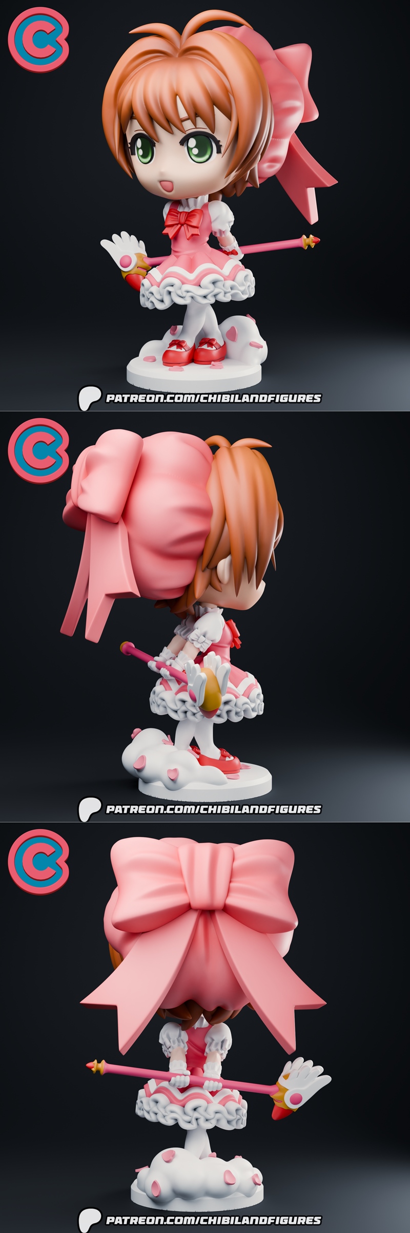 Chibi Sakura Kinomoto from Cardcaptor Sakura in a pink dress holding a wand, standing on a cloud-like base with petals.