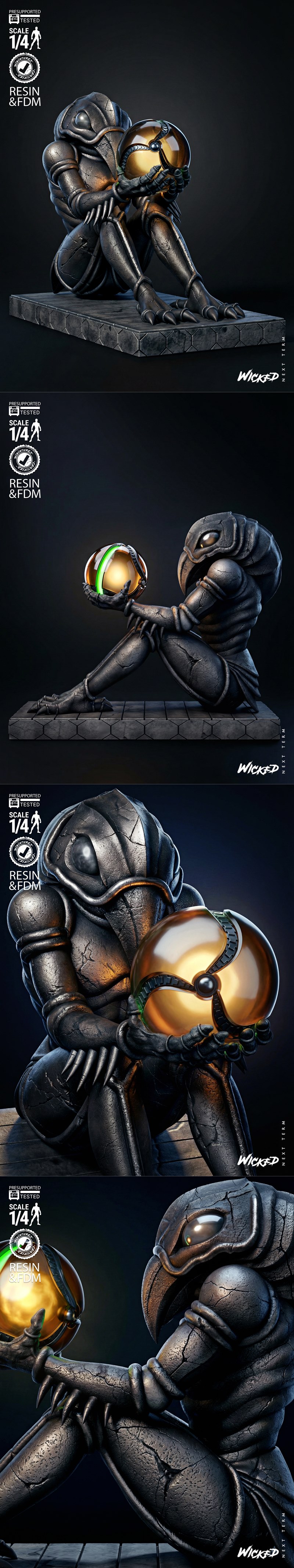 Wicked 1/4 scale Chozo bust 3D model, seated figure with cracked stone texture holding a glowing orb with green light.