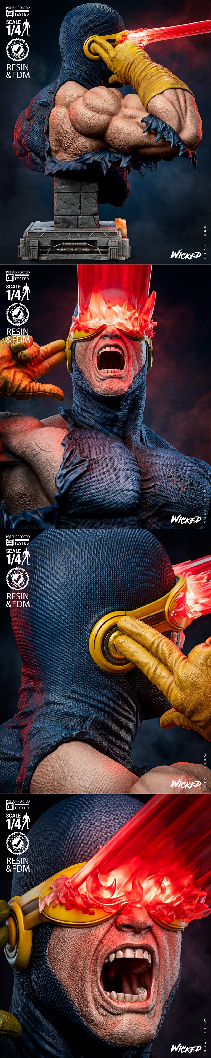 3D printable bust of Cyclops from X-Men, unleashing a red optic blast, 1:4 scale, detailed muscles and costume, on a...