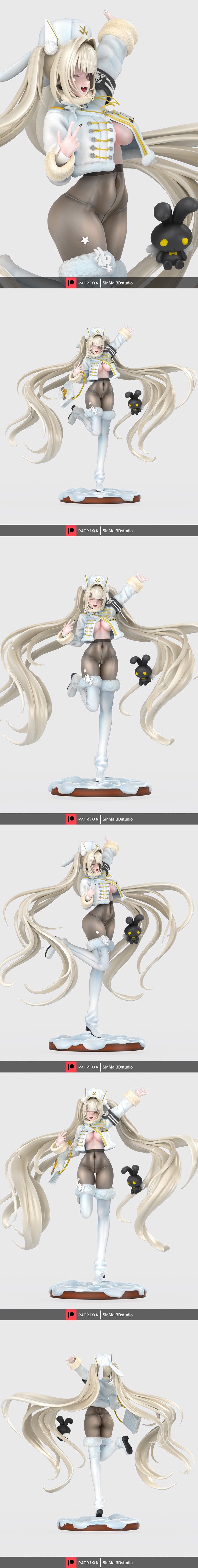 3D model of NIKKE character Blanc, wearing a white winter coat, sheer tights, and gold accessories, with blonde twin-...