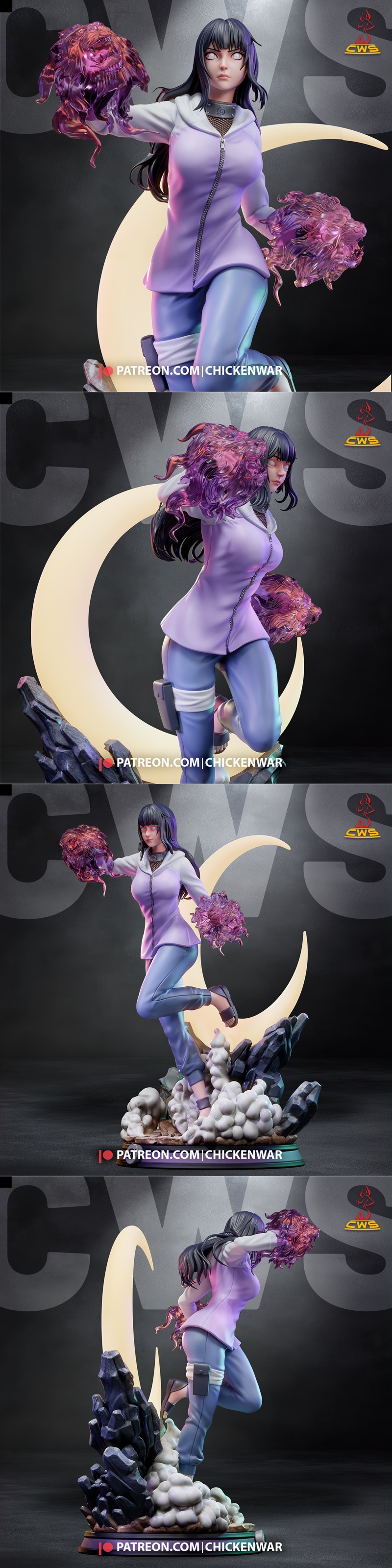 Hinata Hyuga figure in combat pose, channeling purple energy, wearing a purple hoodie and blue pants, with a crescent...