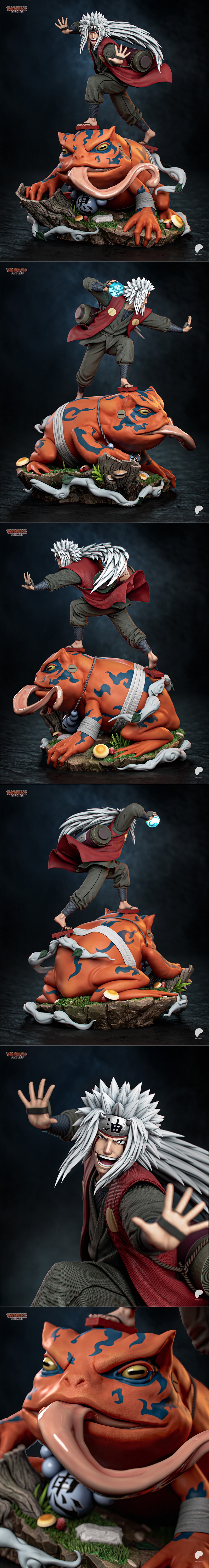 Jiraiya from Naruto in Sage Mode, holding a Rasengan, stands on a large orange toad with its tongue extended. Tanuki...