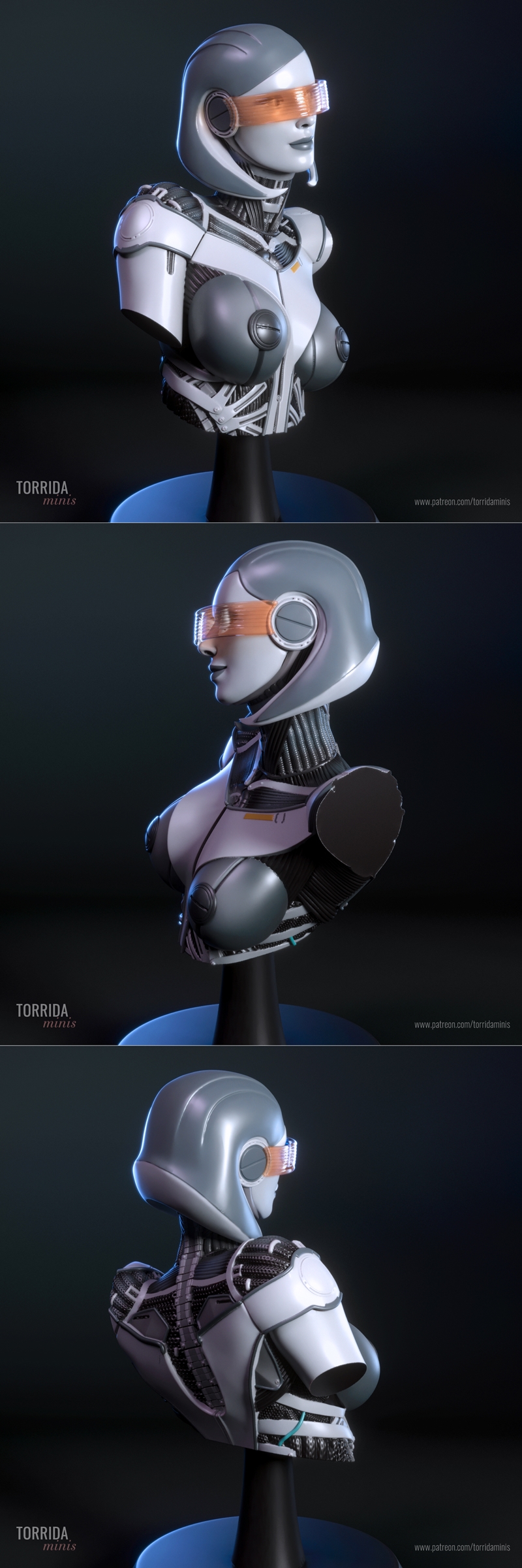 Bust of the robot EDI from Mass Effect, featuring a white and grey mechanical body, orange visor, and exposed wiring....