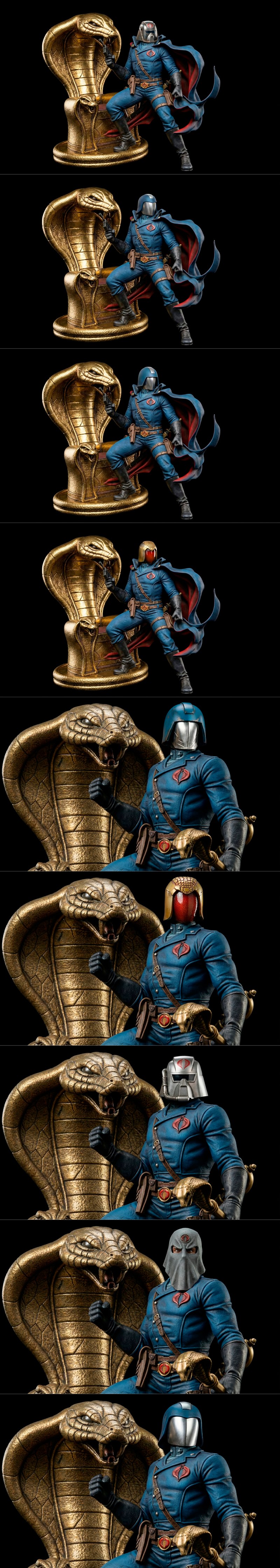 Cobra Commander figure in blue uniform and red-lined cape, holding a pistol, seated on a large golden cobra throne. B...