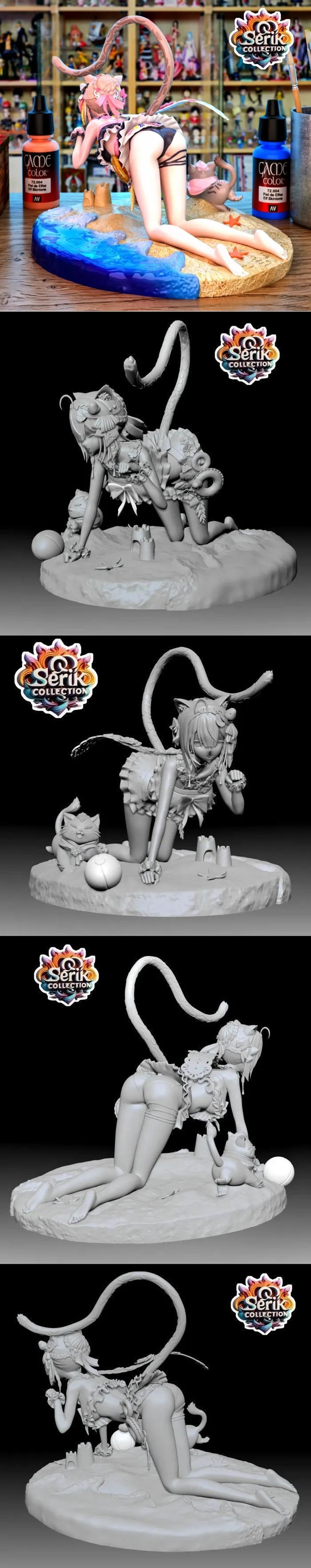 Pardofelis from Honkai Impact figure on a beach base with a cat companion, beach ball, and sandcastles. Serik Collect...