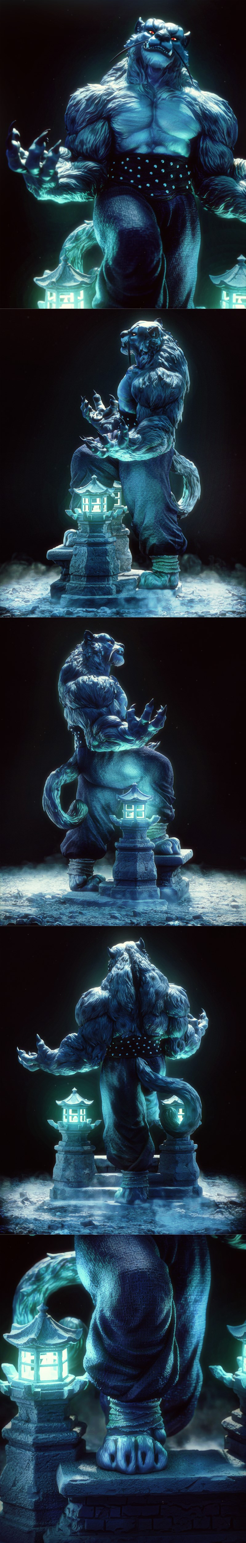 Muscular anthropomorphic snow leopard warrior Tai Lung from Kung Fu Panda, standing on a stone platform with glowing...