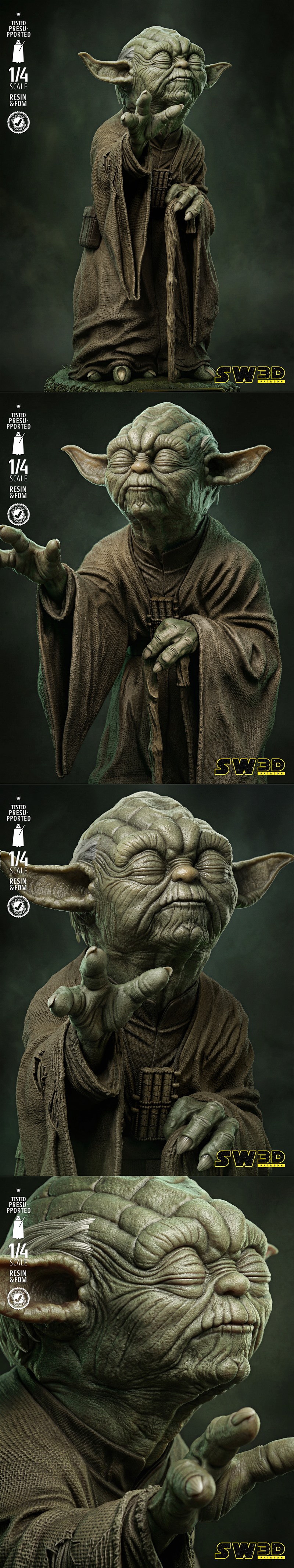 SW3D 1/4 scale Yoda bust 3D model, showing the wise alien in his robes holding a staff, with a Star Wars Yoda base.