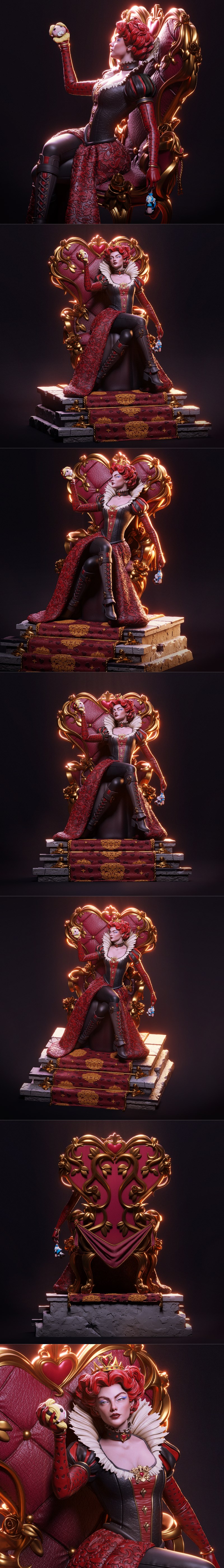 Red Queen figure seated on a red and gold throne, holding a small orb. She wears a crown, ruffled collar, corset, and...