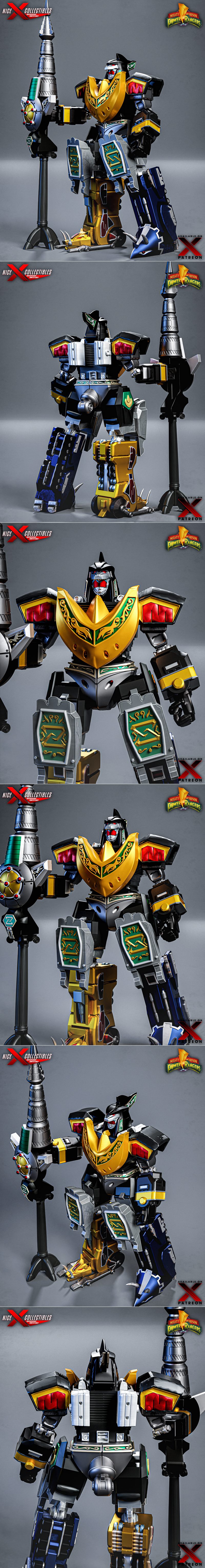 Mega Dragonzord 3D model from Nice X Collectibles, holding a large staff, with Mighty Morphin Power Rangers logo.