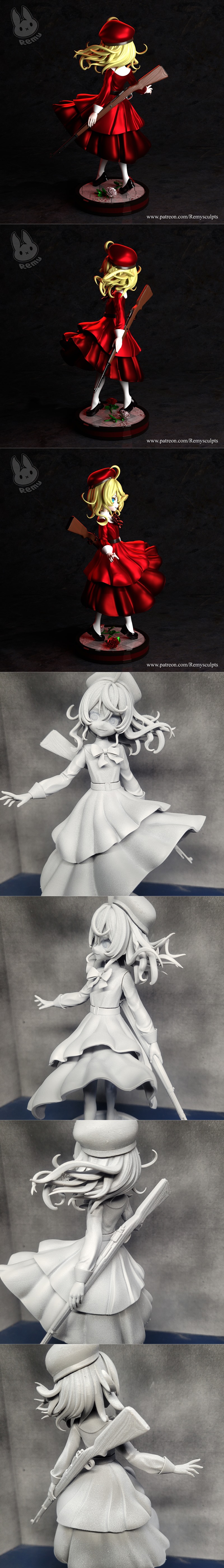 Tanya Degurechaff 3D model in a flowing red dress and hat, holding a rifle, with blonde hair and blue eyes, standing...