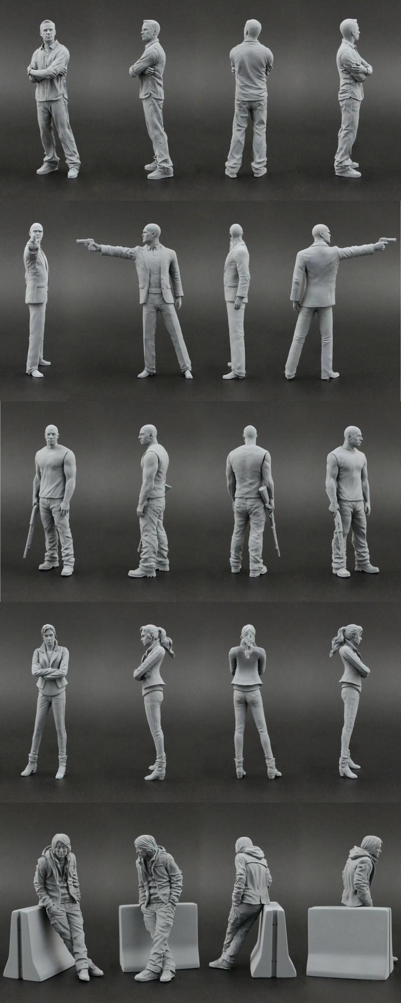 Group of realistic 3D printable figures from the Fast & Furious movie franchise, posed dynamically.