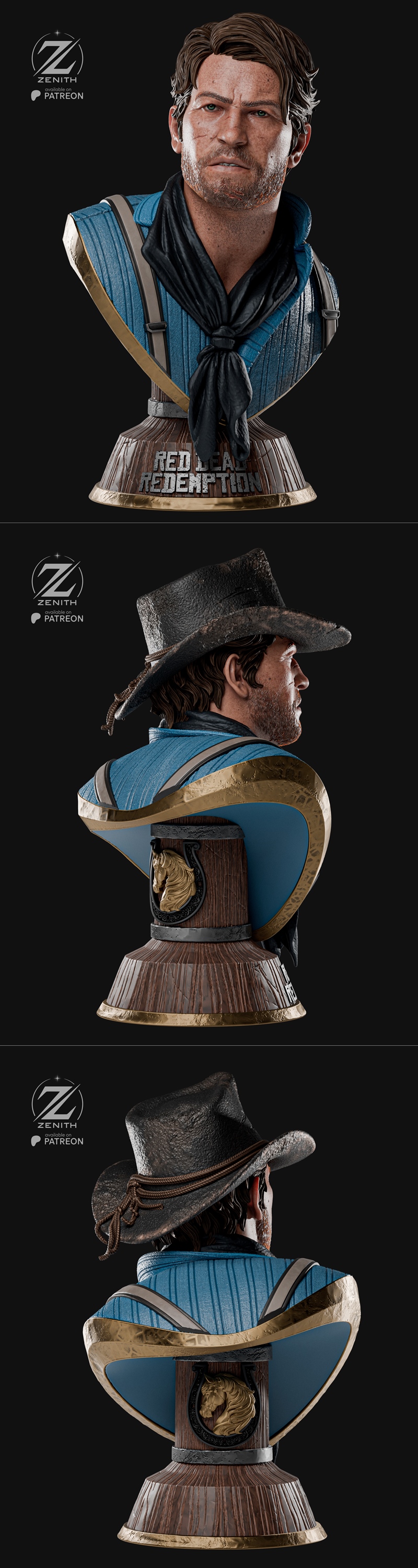 Bust of Arthur Morgan from Red Dead Redemption, wearing a cowboy hat and blue shirt, with 'Red Dead Redemption' inscr...