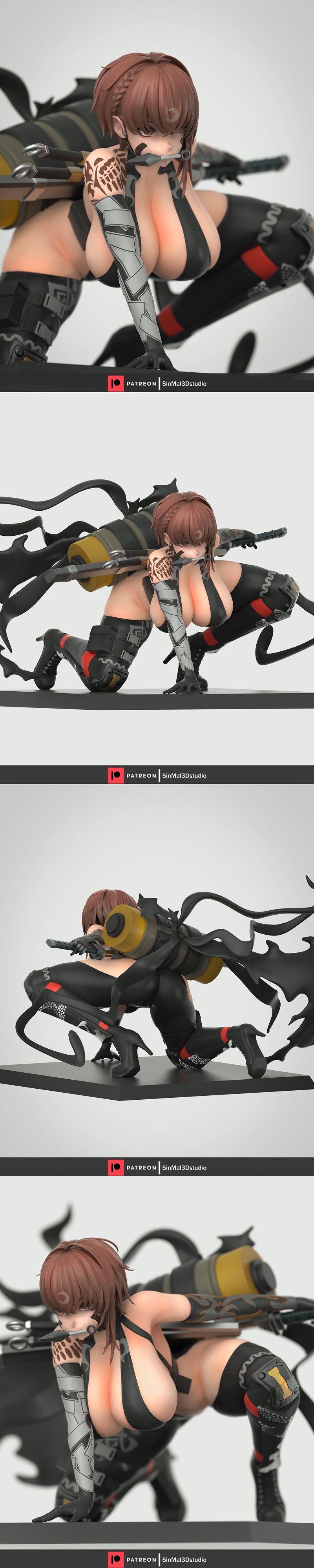 3D model of NIKKE character Delta in a crouching pose, wearing a revealing black outfit and holding a weapon. Feature...