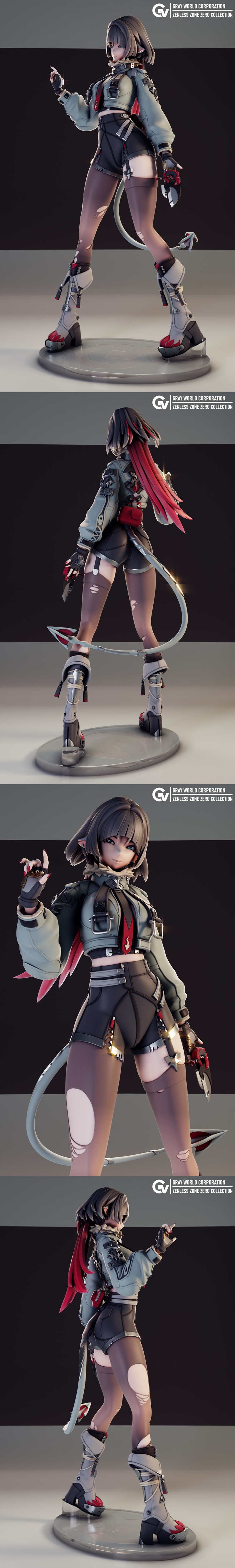 Jane Doe figure from Zenless Zone Zero by Gray World, wearing a jacket, shorts, and ripped stockings, with a tail and...