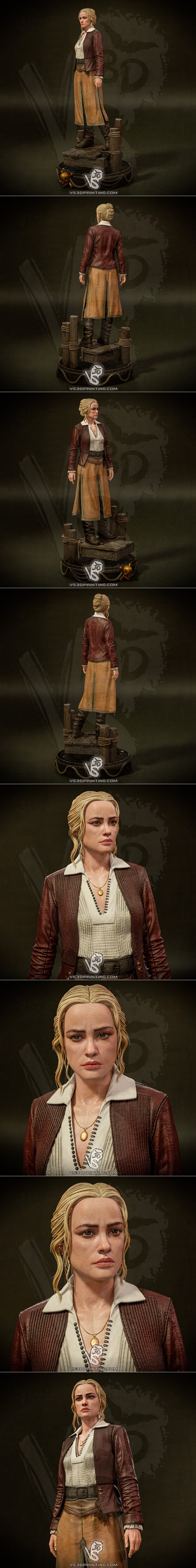 3D model of Eleanor Guthrie, a woman in a leather jacket, white shirt, and split tan skirt, standing on a wooden dock...