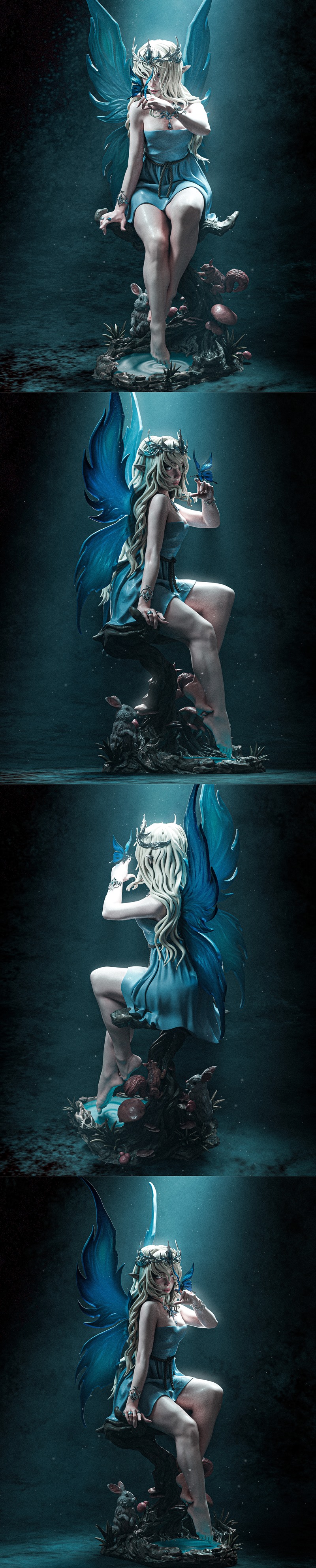 3D model of a blonde fairy with blue wings, wearing a crown and blue dress, sitting on a log with a butterfly on her...