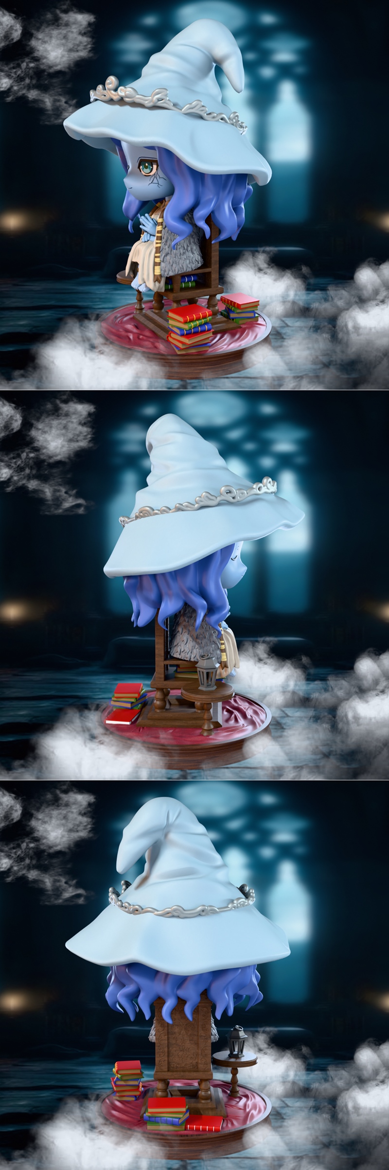 Chibi Ranni figure from Elden Ring, with blue skin, purple hair, and a large light blue hat, sitting with hands clasp...