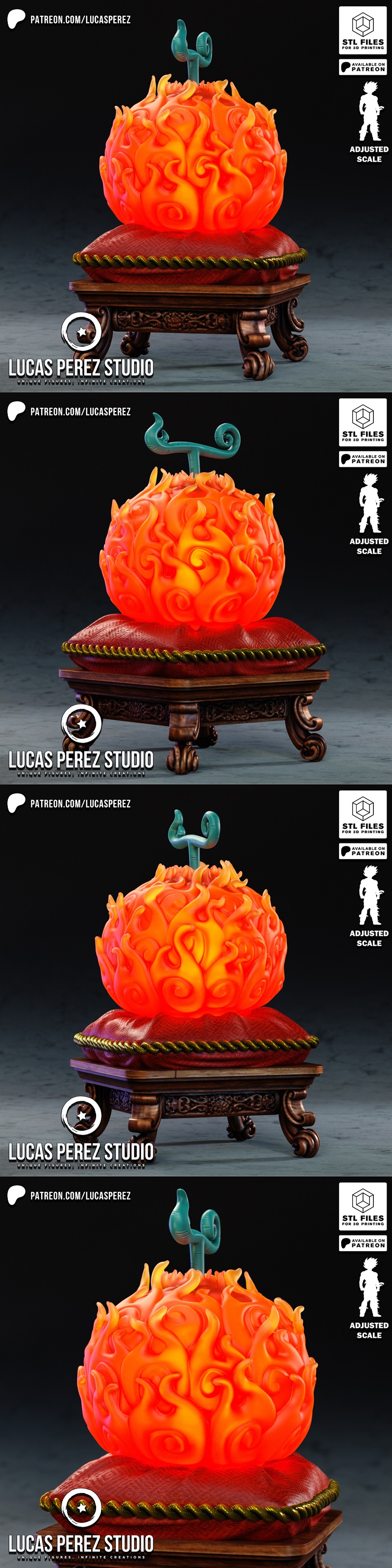 3D model of the Mera Mera no Mi (Flame-Flame Fruit) from One Piece, depicted as a glowing orange fruit with red flame...