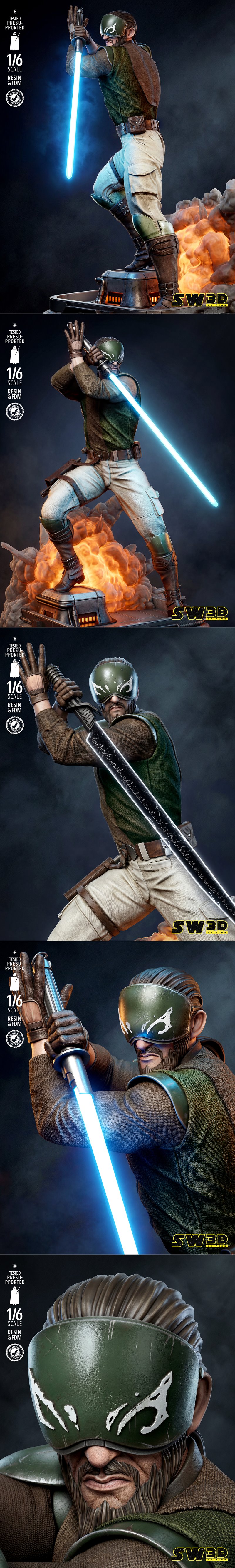 Kanan Jarrus from Star Wars in a 1/6 scale sculpture, wielding a blue lightsaber amidst explosions. He wears a green...