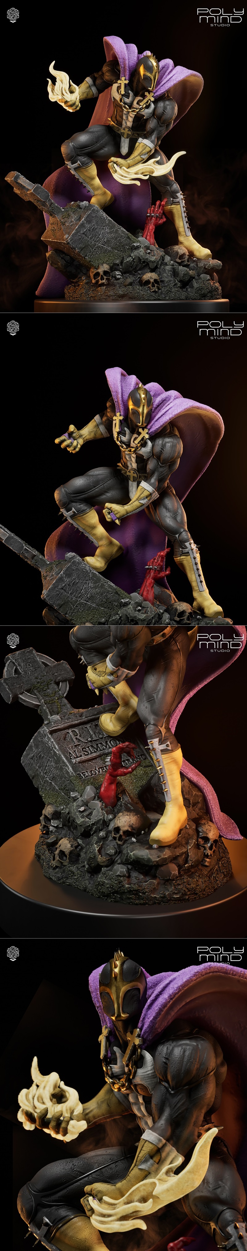 3D printable figure of the Redeemer character by PolyMind Studio, wearing a dark suit, yellow boots, purple cape, and...