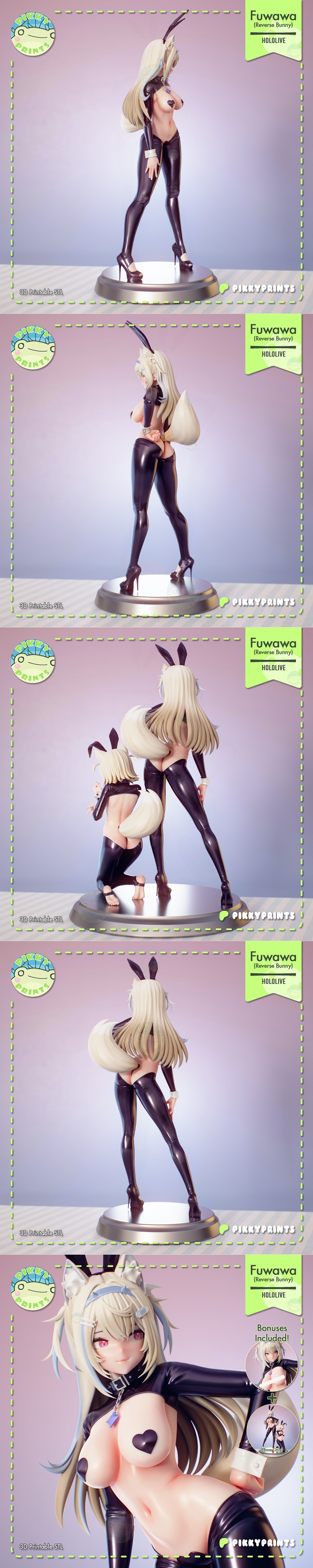 Pikky Prints 3D model of Fuwawa Abyssgard from Hololive, wearing a black latex reverse bunny outfit with heart-shaped...