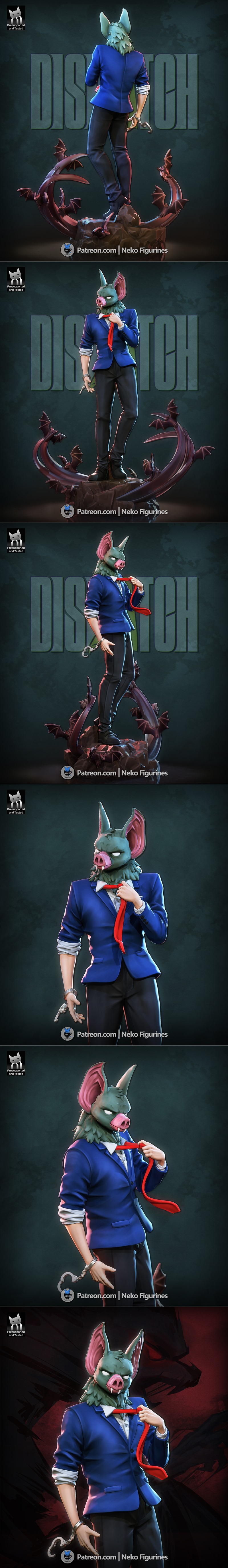 3D model of Sonar (Dispatch) by Neko Figurines, a character with a bat mask, wearing a blue suit and red tie, with ha...