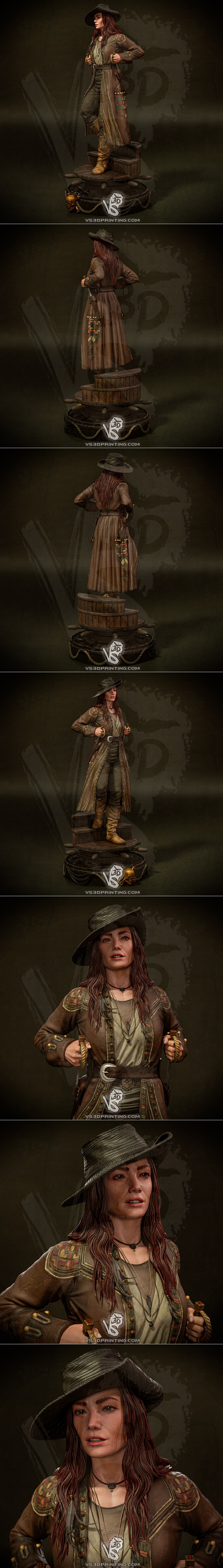 VS3D 3D print model of Anne Bonny, a female pirate wearing a hat, long coat, and boots, holding pistols, standing on...