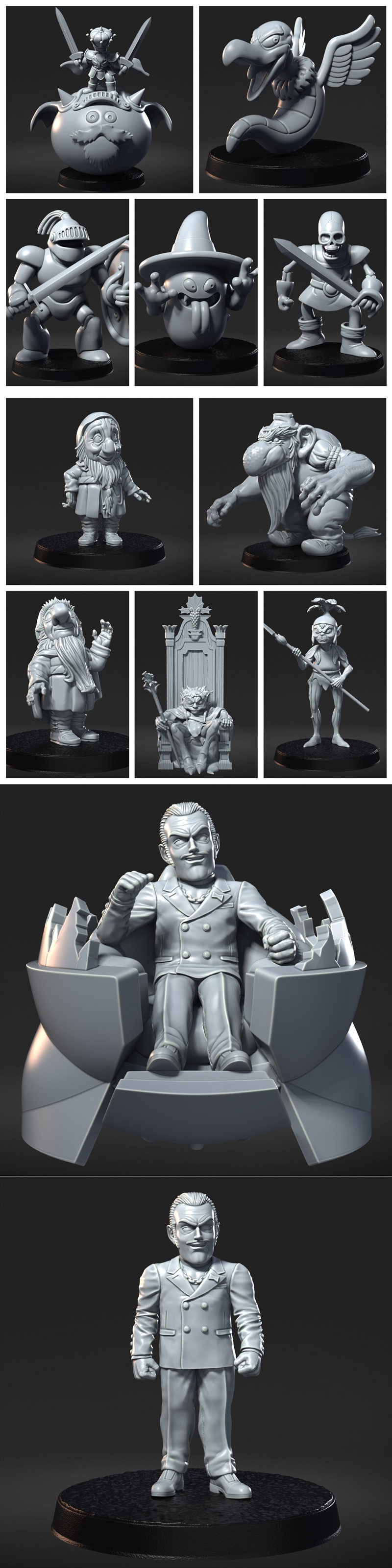 Four fantasy 3D printable miniatures: female warrior with whip, male barbarian with axes, female noble in gown, and m...