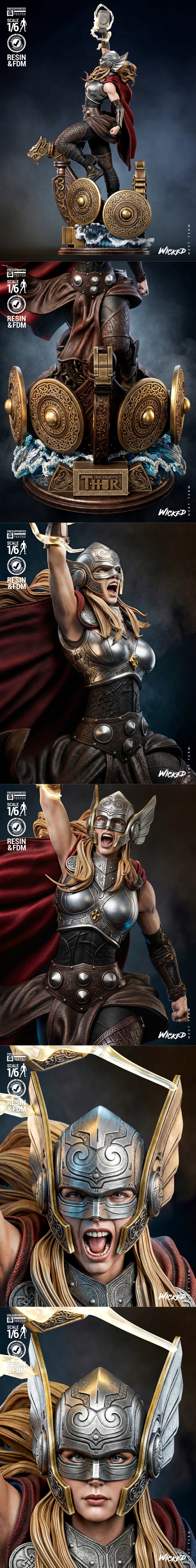 She-Thor sculpture in 1:6 scale, wielding a lightning-charged Mjolnir, wearing ornate armor and a red cape, standing...